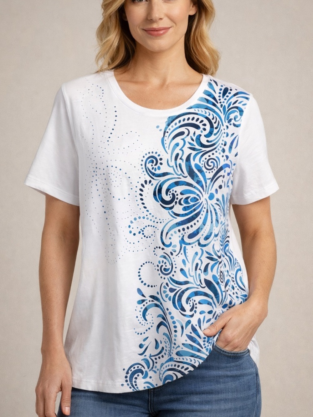 CJ Banks White Blue Teal Embellished Short Sleeve Top Floral Stretch Size 1X